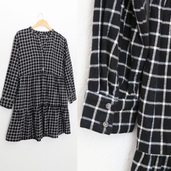 Madewell Flannel Button-Placket Tiered Mini Dress Windowpane Plaid Black S $118 - Picture 10 of 16